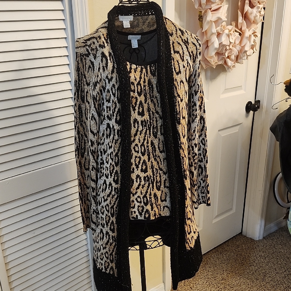 Chico's Black and Cream Animal Print Cardigan 2 Piece Set